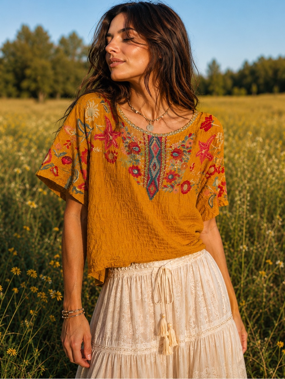 Johnny Was XS Mustard Embroidered Floral Boho Blouse Top